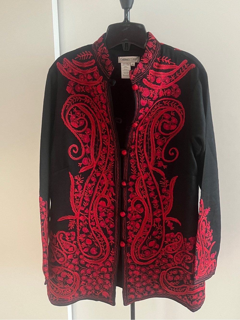 COLDWATER Creek 100% Wool Embroidered Kashmir Crewel Black & Red Jacket Blazer M